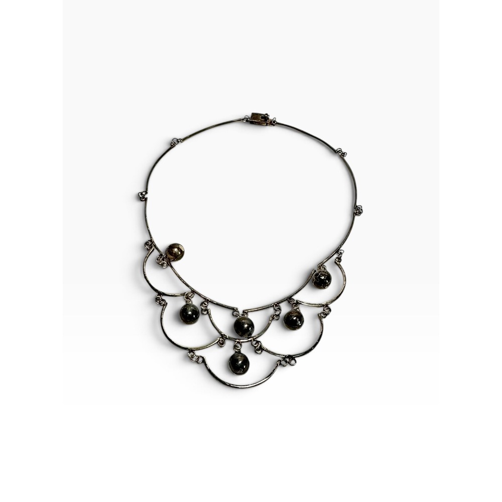 AMF Mexico Sterling Silver Scalloped Bib Festoon Necklace Dangle Spheres 11.59g
